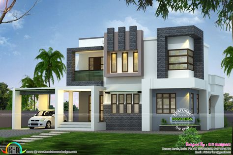 1938 sq-ft modern contemporary house 2 Storey Modern House, House Rendering, Modern Contemporary House Plans, Amazing Apartments, Kerala House, Indian House Plans, 2 Storey House Design, Small House Elevation, Modern Contemporary Homes