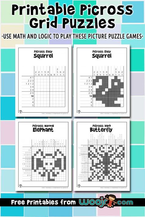 Printable Picross Grid Puzzles | Woo! Jr. Kids Activities Printable Brain Teasers, Grid Puzzles, Number Grid, Free Printable Puzzles, Brain Teasers For Kids, Steam Ideas, Printable Puzzles For Kids, Math Problem, Printable Puzzles