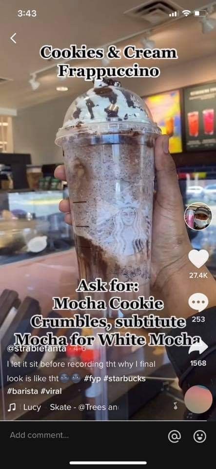 Starbucks Cookies, Starbucks Drink Menu, Mocha Cookie Crumble, Starbucks Secret Menu Recipes, Cold Starbucks Drinks, Starbucks Drinks Diy, Secret Starbucks Recipes, Mocha Cookies, Iced Starbucks Drinks