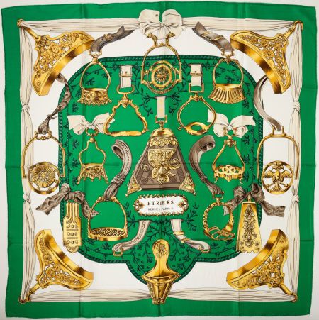 #Hermes Green, Gold, and Brown "Etriers," byFrancoise de la Perriere Silk Scarf. #heritageauctions Vintage Hermes Scarf, Green Silk Scarf, Hermes Accessories, Silk Accessories, Vintage Hermes, Hermes Scarf, Hermes Handbags, Designer Scarves, Stirrups