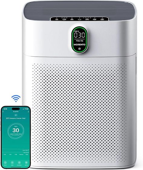 Enjoy Clean Air: MORENTO HY4866-WF smart air purifiers for home can be used at home to effectively capture 99.97% of airborne particles with a size of 0.3 microns, including dust and pollen. This air purifiers for home large room with a CADR of up to 300 m ³/ h, one air change per hour can be completed for rooms up to 1076 ft² or 100 m². This air purifier for home can use with the “Havaworks” app to monitor the air quality from your phone in real-time. Home Cleaning Tools, Home Air Purifier, Air Quality Monitor, Hepa Air Purifier, Air Purifying, Amazon Favorites, Air Purifiers, Smart Wifi, Apartment Furniture