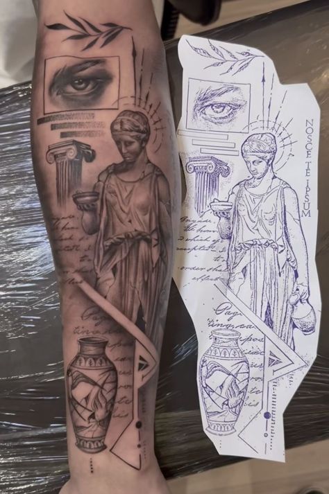 Roman Forearm Tattoo, Roman Architecture Tattoo, Asthetic Tattoos Mens, Roman Tattoo Sleeve, Greek Tattoos For Women, Forearm Tats, Natur Tattoo Arm, Collage Tattoo, Tattoo Homme