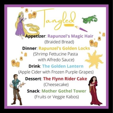 Pixar Recipes, Tangled Movie Night, Themes Dinner Nights, Disney Movie Themed Dinner, Monday Movie, Disney Movie Night Menu, Theme Dinners, Themed Meals, Disney Themed Movie Night