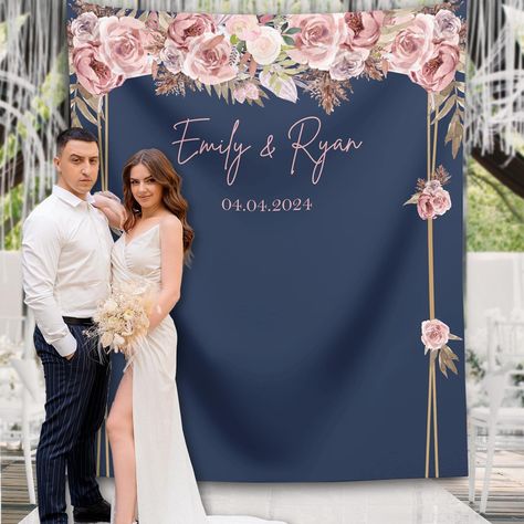 This rose gold floral wedding backdrop will be a beautiful addition to your wedding decoration. If you a looking for dusty rose wedding ideas or navy wedding decorations, this custom backdrop will be perfect for you. Can be personalized with names. 🎀FEATURES -100% Soft Polyester -High-quality durable print -Water and Mildew resistant -Light Weight 🎀SIZE This wedding Backdrop is available in multiple sizes. Small Size:      26" x 36" (2.17x3ft) Medium Size:  51" x 60" (4.3x5ft) Large Size: Navy And Dusty Rose Wedding Decorations, Blue And Pink Wedding Backdrop, Blue And Rose Gold Wedding Theme, Navy Blue And Blush Pink Wedding, Blue And Rose Wedding, Dusty Rose Wedding Decor, Wedding Decor Rose Gold, Navy Wedding Decorations, Rose Wedding Decor