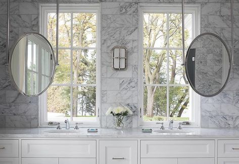 Sink Vanity Mirrors Hung From The Ceiling Classic Bathrooms, Bathroom Main, Spring Interior Design, Bathroom Sanctuary, Sliding Mirror, Pool Bathroom, Shingle Style Homes, Shaker Furniture, Bathroom Design Trends