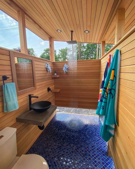 Outdoor Camping Bathroom, Outdoor Patio With Bathroom, Outdoor Shower Ideas Private Diy, Community Bathroom Ideas, Fancy Outhouse Ideas, Outdoor Shower Pan Ideas, Outside Bathroom For Pool, Campground Bathhouse Ideas, Outside Bathroom Ideas Backyards