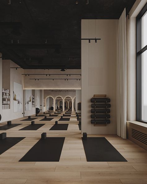 Tyani Kachaj :: Behance Modern Pilates Studio, Pilates Studio Design Decor, Modern Yoga Studio, Pilates Yoga Studio, Yoga Room Design, Modern Gym, Gym Design Interior, Barre Studio, Yoga Studio Design