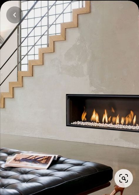 Fireplace Tv Wall Under Stairs, Fireplace Under Stairs, Contemporary Fireplace Designs, Natural Gas Fireplace, Fireplace Pictures, Ventless Fireplace, Stone Wall Design, Electric Fireplace Heater, Fireplace Tv Wall