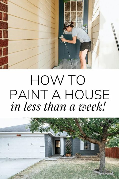 Learn how to paint your house exterior with a sprayer - it's an easier project than you think! How to paint brick and siding #exterior #painting #brickpaint How To Paint A Brick House, Paint A Brick House, How To Paint Brick, Painting A House, Paint Brick, Painted Brick Exteriors, Sherwin Williams Alabaster, House Colors Exterior, Diy Exterior