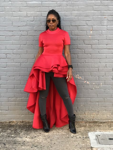 “Queen Bee” Red Dramatic High-Low Peplum Top Peplum Hem, Top Round, Queen Bee, Queen Bees, Black Girls Hairstyles, Ruffle Top, The Floor, Low Cut, Girl Hairstyles