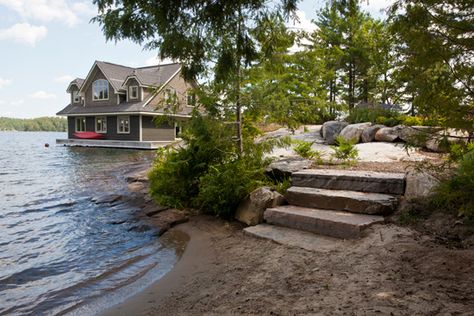 Lake Landscaping, Lake Dock, Stone Landscaping, Lakeside Living, Georgian Bay, Cottage Exterior, Lake House Plans, Front Landscaping, Design Installation