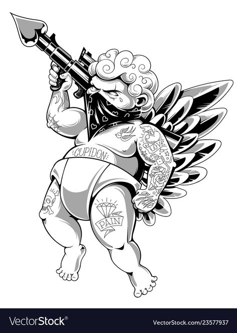 Cupid Tattoo, Cherub Tattoo, Gangsta Tattoos, Graffiti Tattoo, Chicano Tattoos, Chicano Art Tattoos, Tattoo Zeichnungen, Tattoo Stencil Outline, Tattoo Design Book