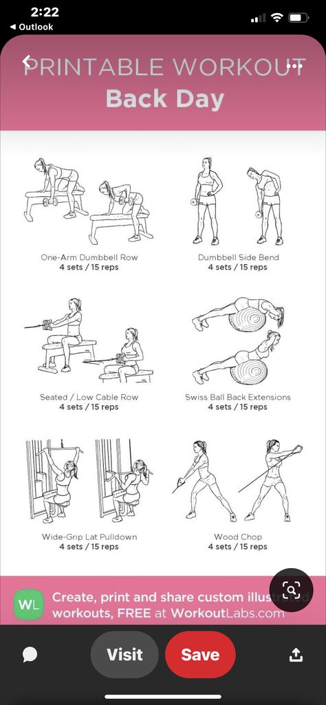 Dumbbell Side Bend, One Arm Dumbbell Row, Cable Row, Back Extensions, Swiss Ball, Lat Pulldown, Body Gym, Total Workout, Printable Workouts