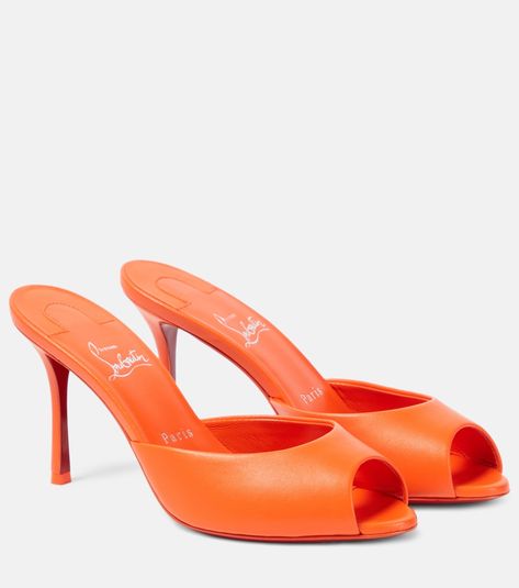 Me Dolly 85 leather mules in orange - Christian Louboutin | Mytheresa Me Dolly Louboutin, Louboutin Me Dolly, Orange Heels, Shoes Heels Classy, Red Louboutin, Mid Heel Sandals, Orange Shoes, Heels Classy, Mule Sandals