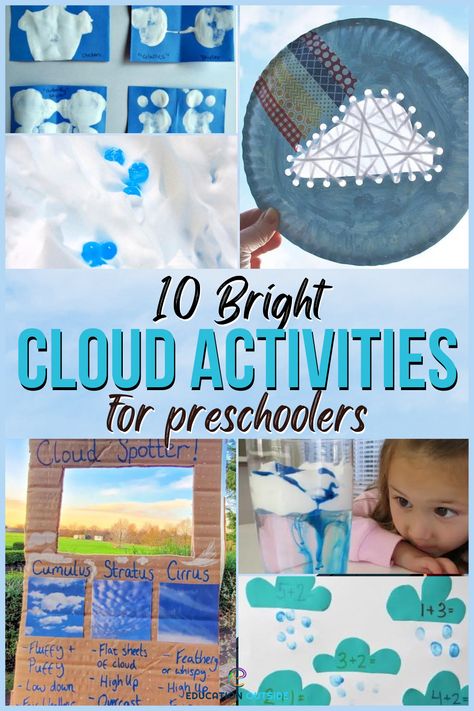 Cloud Learning Activities, Weather Hands On Activities, Cloud Stem Activities, Cloud Kindergarten Activities, Cloudy Activities For Preschool, Cloud Activities For Kindergarten, Cloud Crafts Preschool, Cloud Activities For Toddlers, Preschool Cloud Activities