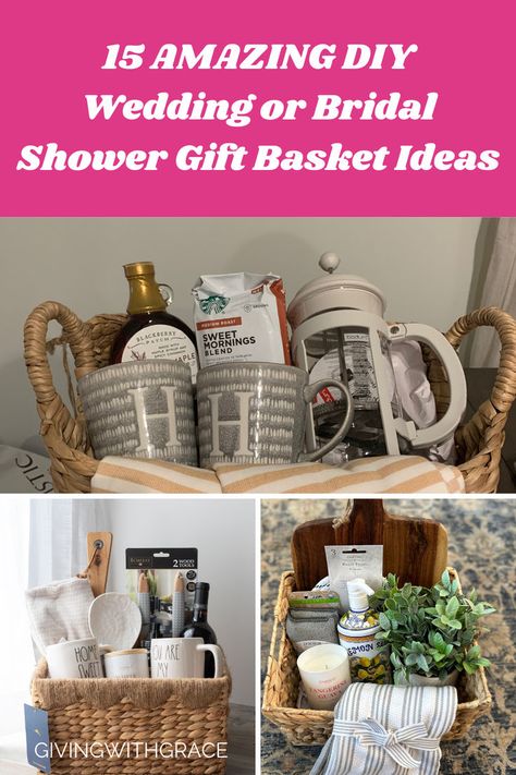 15 amazing diy wedding or bridal shower gift basket ideas Wedding Shower Gift Basket Ideas, Bridal Shower Basket Ideas, Diy Gifts For Bride, Bridal Shower Gift Basket Ideas, Wedding Shower Gift Ideas, Wedding Shower Gifts Basket, Shower Gift Basket Ideas, Bridal Shower Gift Basket, Bride Gift Basket