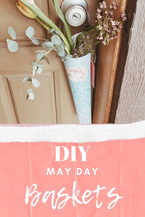 Simple DIY May Day Basket idea for kids ! Spread some cheer on May 1st by leaving some fresh blooms on your neighbors doors. Diy May Day Baskets, Couple Gift Basket Ideas, Ding Dong Ditch, May Day Baskets, Wine Baskets, Themed Gift Baskets, Paper Cones, May Days, May 1st