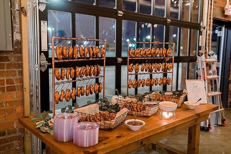 Christina and Tyler's 'Boho Industrial' Travel Themed Wedding by Adam and Becca Soft Pretzel Wedding Bar, Pretzel Late Night Snack Wedding, Late Night Snack For Wedding, Wedding Soft Pretzel Bar, Pretzel Cocktail Hour, Pretzel Display Wedding, Wedding Night Snack, Soft Pretzel Display, Pretzel Display Ideas