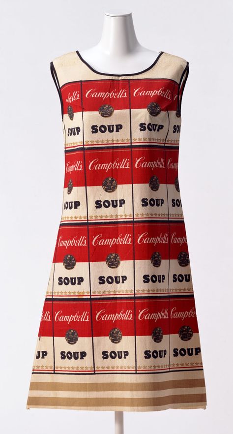 "The Souper Dress": ca. 1966, American, ""Campbell's Soup" can-motif printed non-woven mini dress with black bias tape." "...Simple form, mini length, and graphical motifs were in vogue for fabrics at that time, and are incorporated into this low-price disposable dress made in the U.S.  In the 1960s, disposables were popular, and this disposable dress is printed with images of Campbell's Soup cans. Needless to say, it was inspired by the use of the cans by Andy Warhol (1928–1987)..." Fashion 1960s, Paper Dress, 20th Century Fashion, Campbell Soup, Costume Institute, Bias Tape, 1960s Fashion, 60s Fashion, Only Fashion