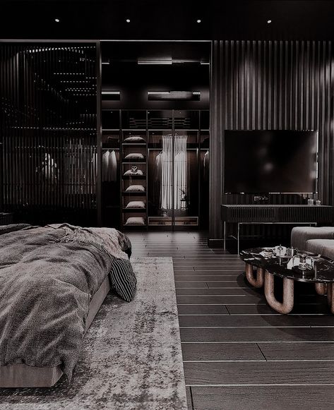 Black Home Aesthetic, Black Luxury House, Black Living Room Decor, Fresh Bedroom, Black Rooms, Modern Luxury Bedroom, Home Decor Idea, H Design, Dream House Rooms