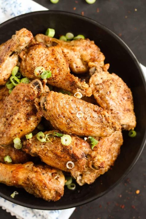 Baked salt and pepper chicken wings, a simple recipe for Chinese-style wings using 5 ingredients, and ready in about 40 minutes. #whereismyspoon #saltpepperwings #saltpepper #pepperwings #chickenwings #chinesewings #partyfood #partyappetizer #gameday #footballfood #footballrecipe #partywings #spicywings #bakedwings #foodblogger #chickenrecipes Salt And Pepper Wings Recipe, Salt And Pepper Chicken Wings, Salt And Pepper Recipes, Bbq Chicken Bites, Soy Garlic Chicken, Oven Chicken Wings, Pepper Chicken Wings, Easy Chicken Wings, Chinese Spices