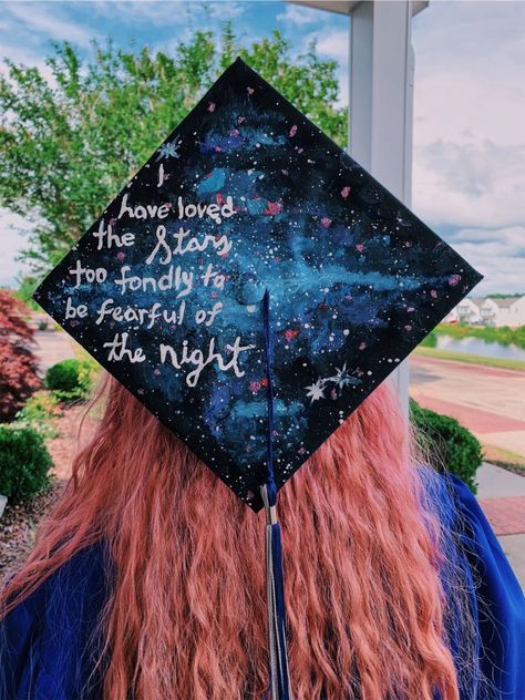 Graduation Cap Designs Stars, Space Themed Graduation Cap, Galaxy Graduation Cap, Acotar Graduation Cap, Bookish Graduation Cap, Space Graduation Cap, Cap Graduation Ideas, Space Theme Decorations, High School Graduation Cap Designs