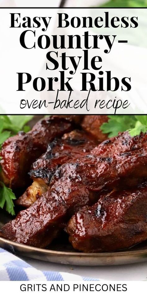 Boneless country-style pork ribs are an easy, delicious option for dinner this summer. Whether you’re craving a hearty meal on a quiet night in or planning a backyard barbecue with friends and family, these oven-baked ribs are sure to satisfy. Try this simple method and enjoy the most flavor-packed pork ribs ever! Bbq Pork Country Style Ribs Oven Baked, Boneless Rib Recipes, Boneless Country Style Ribs In Oven, Country Ribs Oven Boneless, Boneless Bbq Ribs In The Oven, Pork Country Style Ribs Recipes, Boneless Pork Rib Recipes, How To Cook Pork Ribs, Pork Country Style Ribs Oven