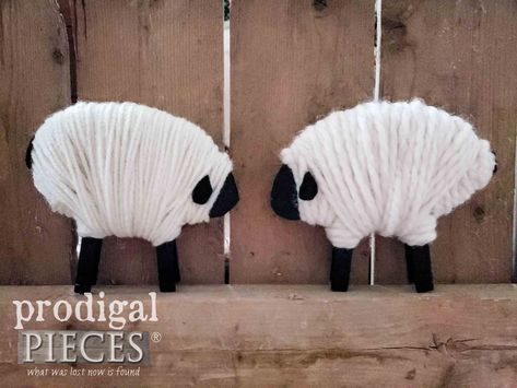 Yarn Comparison for Clothespin Sheep Ornament | prodigalpieces.com Clothespin Sheep, Clothespins Crafts, Diy Sheep, Lamb Craft, Christmas Devotional, Clothespin Crafts, Farm Craft, Sheep Crafts, English Christmas