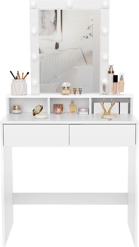 Makeup Vanity With Lights, Make Up Tafel, Vanity With Lights, Vanity Desk With Mirror, Makeup Vanity Lighting, Desk With Mirror, Table With Charging Station, Shelves White, Mirrored Vanity Desk