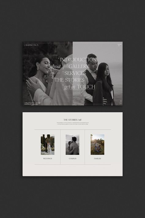 A semi-custom photography website design showcasing the "Etienne" template. The top section features a black-and-white image of a couple, along with elegant text links for "INTRODUCTION," "GALLERY," "SERVICES," "THE STORIES," and "get in TOUCH." Below, a soft-toned section titled "THE STORIES I tell". Three image thumbnails labeled "WEDDINGS," "COUPLES," and "FAMILIES" are displayed, emphasizing the photographer's specialties. The overall design exudes sophistication and modernity. Manager Aesthetic, Presentation Layouts, Red Branding, Palm Royale, Website Layout Inspiration, Websites For Photographers, Unique Website Design, Website Layouts, Luxury Real Estate Agent