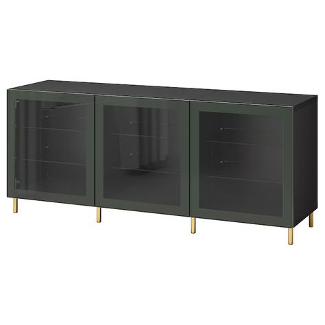 BESTÅ Storage combination with doors, black-brown Glassvik/Ösarp/dark olive-green clear glass, 180x42x74 cm - IKEA Ikea Inspirations, Ikea Besta Cabinet, Ikea Sideboard, Ikea Inspiration, Business Bank Account, Guest Room Design, Green Bar, Black Shelves, Ikea Besta