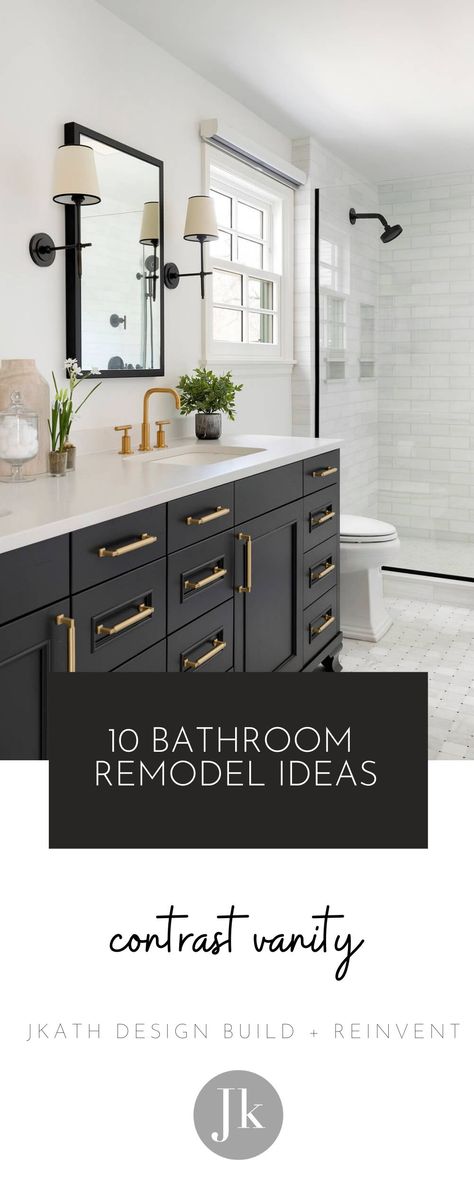 Guest Bathroom Renovation Ideas, Black Finishes Bathroom, Black Bathroom Fixtures Inspiration, Bathroom Ideas With Gold Fixtures, Bathroom Ideas Black Fixtures, Houzz Bathroom Ideas, Black Bathroom Faucet Ideas, Secondary Bathroom Remodel, Black Cabinets In Bathroom