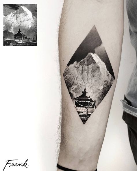 ▪️ Annapurna ▪️ Nepal 🇳🇵one of the highest mountain in the world, you can see the client actual photo from his trip on the top left corner,… Nepal Tattoo, Mountain Tattoo, The Client, On The Top, Nepal, Triangle Tattoo, The Top, No Instagram, Barcelona