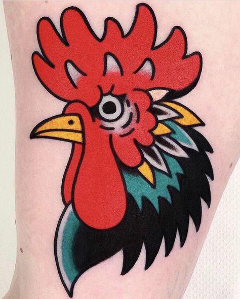 Rooster American Traditional Tattoo, Easy American Traditional Tattoo, Traditional Minimalist Tattoo, Rooster Tattoo Traditional, Traditional Chicken Tattoo, Americana Tattoo Traditional, Traditional Rooster Tattoo, Rooster Tattoo Design, Simple American Traditional Tattoo