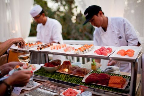 Sushi bar at #beverlyhillshotel event Sushi Bar Party Ideas, Sushi Bar At Wedding, Sushi Wedding Reception, Sushi Bar Party, Sushi Bar Wedding, Sushi Station, Beverly Hills Hotel Wedding, Bars Ideas, Destined For Greatness