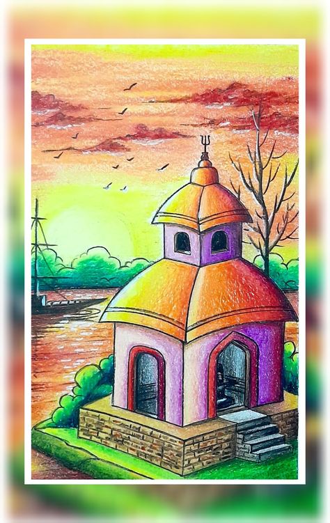 Mandir Drawing Easy, Drawing For 5th Class Student, Drawing For Class 2 Students, Children's Day Drawing Ideas, Senary Drawing, Mandir Drawing, Scenery Drawing Oil Pastel, Couch Drawing, Shiv Temple