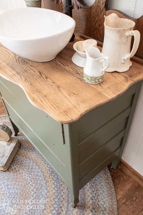 Are you interested in a repurposed dresser converted to bathroom vanity with a vessel sink? You're in luck! That's our tutorial today! #repurposedfurniture #repurposedvintage #dressermakeover #paintedfurniturelove Mint Bathroom Vanity Paint Colors, How To Make A Bathroom Sink Out Of A Dresser, Dresser Into Sink Vanity, Furniture Sink Vanity, Convert Dresser To Bathroom Vanity, Dresser Sink Vanity Diy, Dresser To Vanity Bathroom, Half Bathroom Vanity Ideas, Dresser Bathroom Sink