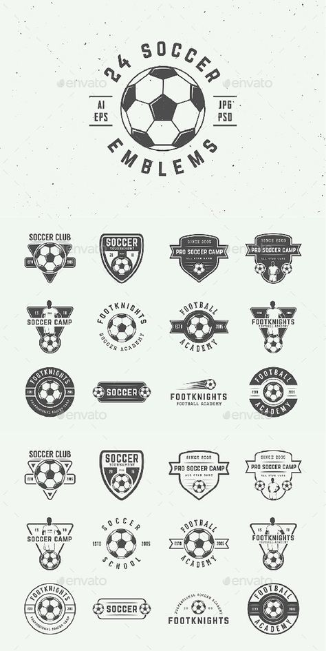 24 Vintage Soccer Emblems - Template PSD, Vector EPS, AI Illustrator Soccer Logo Design Ideas, Championship Logo, Football Logo Design, Sports Logo Inspiration, Vintage Soccer, Sport Logo Design, Human Icon, Soccer Logo, Sports Logo Design