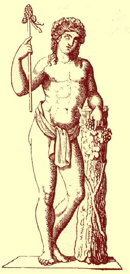 Black and white engraving of a statue of Dionysus [Bacchus], full length, leaning on a tree trunk, with a loin cloth around his waist, and holding the thyrsus, a wand topped with a pine cone in the other arm.. Thyrsus Tattoo, Dionysus Illustration, Dionysus Symbol, Dionysus Tattoo, Dionysus Statue, Dionysus Art, Roman Deities, Dionysus God, Loin Cloth