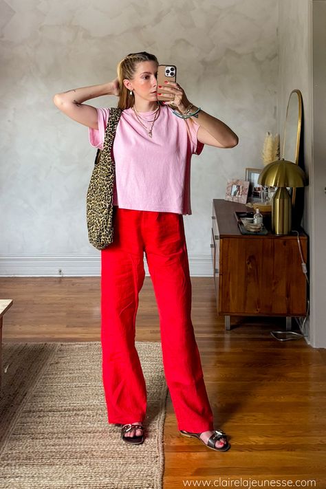 I don't wear a lot of bold colors often, but when I do, it's often red and pink. I love an easy color-blocking outfit, and I threw in a pop of leopard print for good measure. #pinkandred #easyoutfitideas #summeroutfitideas #linenpants #colorblocking Pink Linen Trousers Outfit, Pink And Red Aesthetic Outfit, Red Linen Pants Outfit, Summer Pink Patchwork Pants, Red With Leopard Print Outfits, Pink Linen Straight Pants, Red Pink Aesthetic, Pink And Red Outfit, Red Animal Print Pants