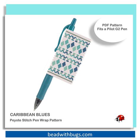 BEADED PEN COVER, Pilot G-2 beaded pen cover pattern, Caribbean Blues Beaded Pen Wrap Patterns Free, Pilot G2 Pens, Beaded Necklace Tutorial, Candle Arrangements, Pen Wraps, Brick Stitch Earrings, Beaded Flats, Necklace Tutorial, Wrap Pattern