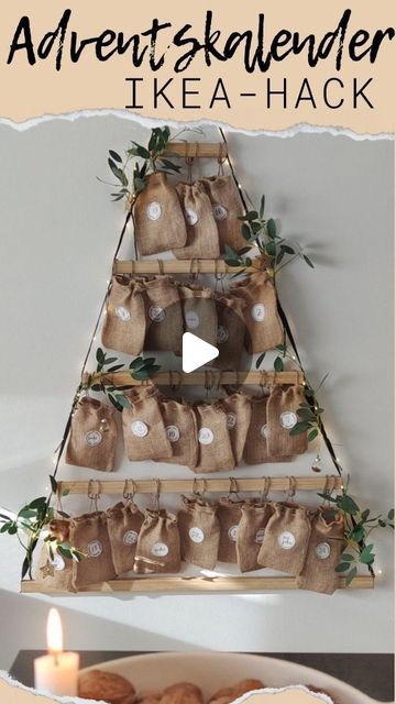 Marys Diy on Instagram: "▪️Adventskalender - Ikea Hack▪️ Als ich die Vinterfint Wanddekoration in Tannenform von @ikeadeutschland gesehen habe, wusste ich sofort, das wird unser neuer Adventkalender. Die Jutesäckchen habe ich von Am... gekauft und die Papiernummern im Internet gefunden und dann ausgedruckt. Ich habe sie ganz einfach ausgeschnitten und auf die Säckchen geklebt. Diese müssen dann nur noch an die Wanddekoration gebunden werden. Alles kann dann nach Belieben geschmückt werden. Ich habe eine Lichterkette darum gebunden und etwas Eukalyptus und Weihnachtsbaumdeko daran befestigt. Wie gefällt euch mein Adventskalender? Habt ihr schon euren Adventskalender gebastelt/bestückt, oder gibt es bei euch Schokokalender? #diyweihnachten #adventskalender #adventskalenderdiy #advent Advent Calendar Ideas Diy, Advent Calendar Diy, Advent Diy, Diy Ikea Hacks, Ikea Diy, Ikea Hack, Advent Calendar, Advent, Christmas Crafts