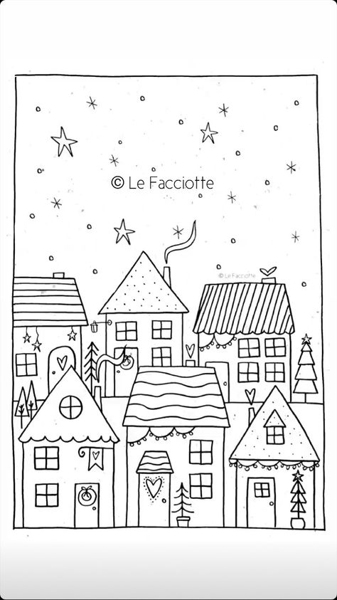 Winter Houses Drawings, Christmas City Drawing, Christmas House Doodle, Christmas Village Doodle, Christmas Drawing House, Easy Xmas Drawings, Christmas Window Template Free Printable, Gingerbread House Doodle, Christmas Village Drawing