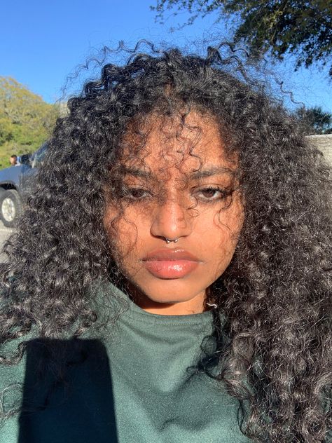 black girl septum piercing curly bangs long curly hairstyles 3b Bangs, Septum Black Women, Septum Piercing Black Women, Septum Piercing On Black Women, Black Septum Piercing, 3b Hairstyles, Small Septum, Biracial Women, 3b Hair