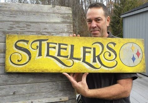 Nfl Crafts, Steelers Decor, Steelers Crafts, Landscape Timber Crafts, Pittsburgh Steelers Crafts, Terrible Towel, Steelers Sign, Here We Go Steelers, Steelers Baby