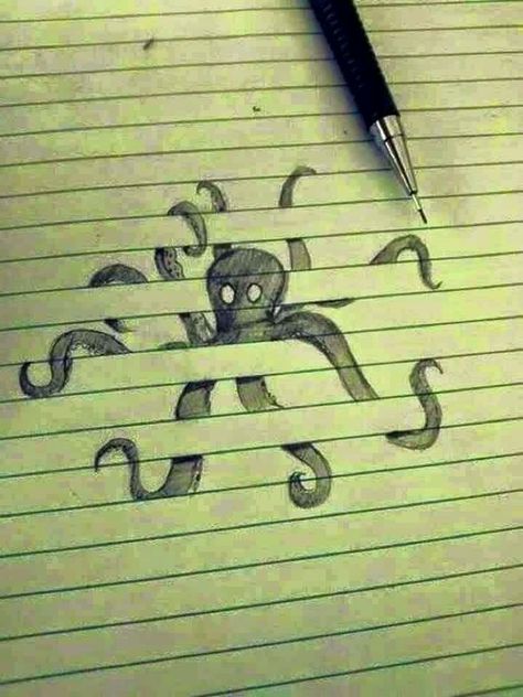 Nice art that was on facebook! Drawing Between The Lines, Cool Easy Designs, Drawings On Lined Paper, Stylo Art, Octopus Decor, Awesome Drawings, Optical Illusion Drawing, Pen Doodles, Notebook Doodles