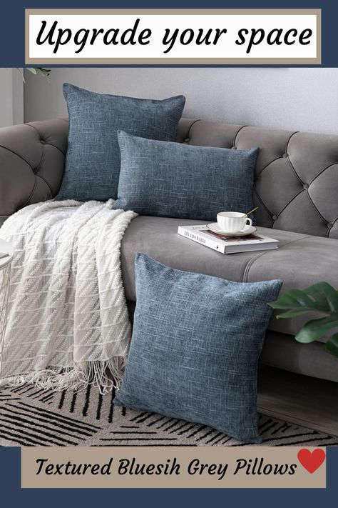 Gray Sofa With Blue Pillows, Grey Couch Navy Pillows, Pale Blue Couch, Charcoal Grey Couch, Blue Couch Pillows, Couch Decoration, Navy Lounge, Black Couches, Navy Pillows