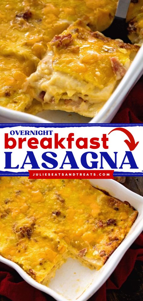 This Overnight Breakfast Lasagna is a simple holiday baking recipe with layers of lasagna noodles stuffed with cheese sauce, bacon, and more cheese! Add this pasta recipe to your best brunch ideas! Breakfast Lasagna With Tortillas, Ham Egg And Cheese Casserole Overnight, Breakfast Lasagna Hashbrown, Brunch Pasta Ideas, Breakfast Mac And Cheese, Sweet Breakfast Casserole Overnight, Breakfast Pasta Recipes, Breakfast Hotdogs, Crockpot Breakfast Casserole Overnight