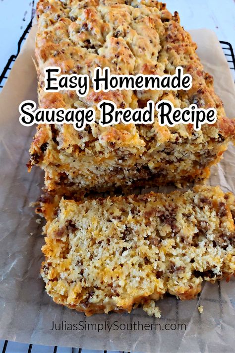 Homemade Sausage Bread Recipe for a delicious scratch made sausage cheese bread made with just a few simple ingredients then baked swimming in melted butter for an amazing breakfast, lunch or special occasion meal. Enjoy on its own, with fresh cooked eggs or with your favorite breakfast sides. Sausage Cheese Bread Recipe, Sausage Cheese Bread Loaf, Sausage Loaf Recipe, September Casseroles, Sausage And Cheese Bread, Publix Breakfast Bread Recipe, Sausage Cake Recipe, Sausage Cheese Bread, Pancake Bread Recipe