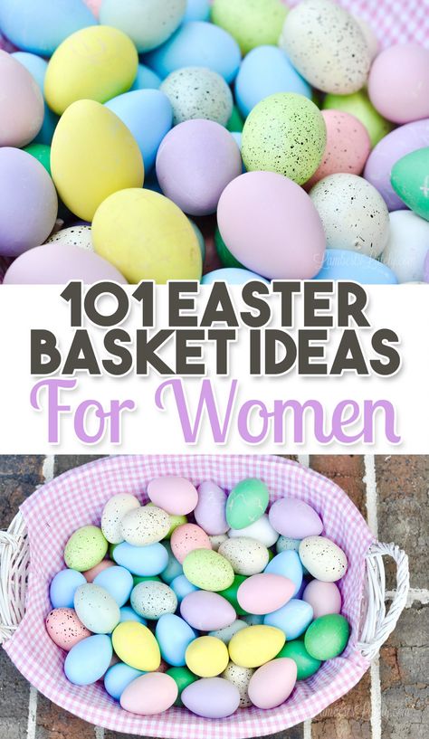 This list of over 100 Easter Basket Ideas for Women includes ideas for wives, moms, grandmothers, girlfriends and more - get practical and unique gift ideas for ladies with an Easter twist! Easter Basket For Friends Cute Ideas, Easter Basket For Mom Ideas, Women Easter Basket Ideas, Easter Basket For Grandma, Easter Gift For Mom, Easter Gifts For Girlfriend, Adult Daughter Easter Basket Ideas, Easter Basket For Wife, Spring Gift Basket Ideas For Women